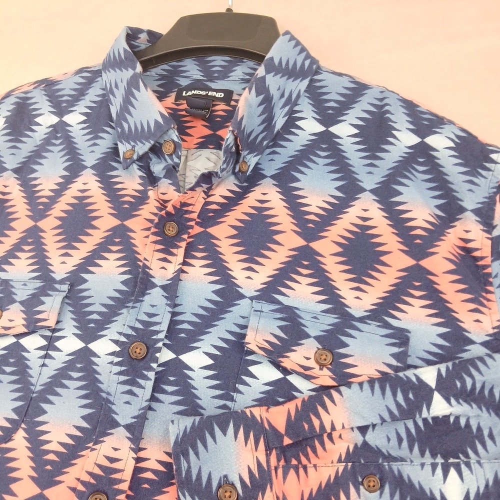 Lands End XL 17-17.5 Mens Shirt Brushed Cotton Flannel Aztec Navajo 25x30‎